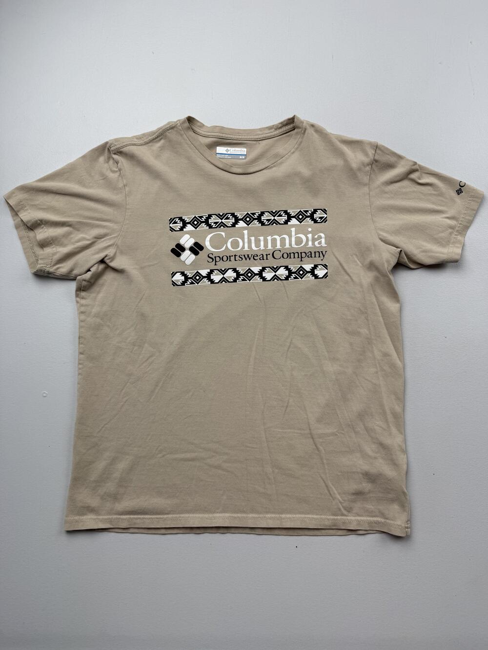 Columbia Shirt Mens Medium Beige Aztec Logo Graphic Tee Outdoor Crewneck Top